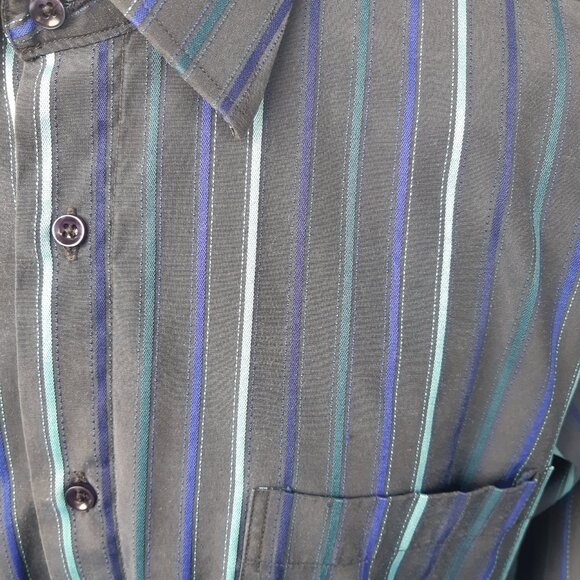 Sergio Louis Italy SZ M Black, Indigo & Teal Striped Men's Button Up Shirt - Picture 5 of 14